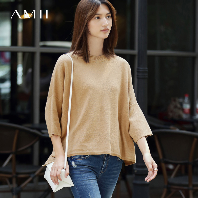 Amii[极简主义]春装新款纯色圆领套头宽松短款大码针织毛衣女