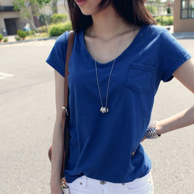 【2件49元】韩版夏装简约圆领短袖女t恤棉质宽松纯色体恤打底衫潮