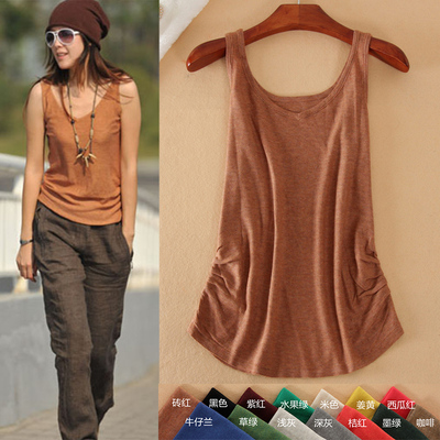 2015夏季内搭春纯色亚麻棉麻针织背心打底衫无袖女修身吊带上衣薄