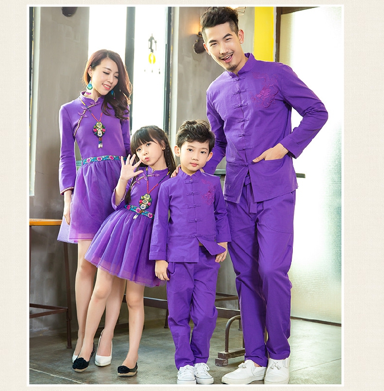 2015亲子装新款民族风长袖母女装旗袍连衣裙中国风唐装三口全家装