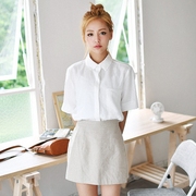 夏季短袖日系小清新纯棉衬衫女白色韩范学生百搭前短后长上衣