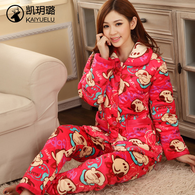 冬夹棉服睡衣卡通可爱女人保暖加厚加绒冬天棉袄珊瑚绒家居服套装