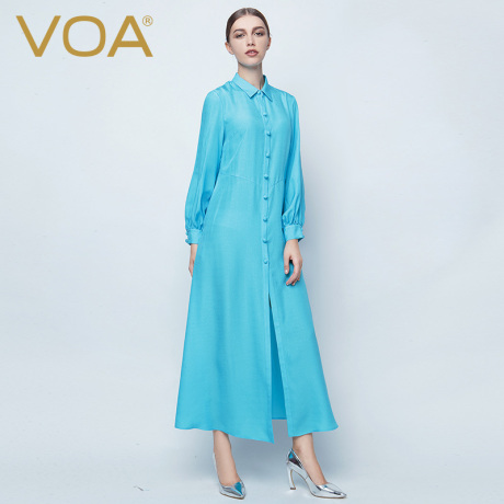 VOA 浅蓝真丝波缎连衣裙长袖衬衫领包扣大摆长裙柔顺丝A5239商品大图