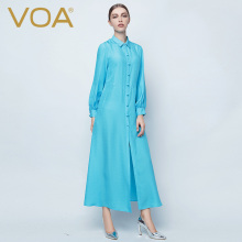 VOA 浅蓝真丝波缎连衣裙长袖衬衫领包扣大摆长裙柔顺丝A5239图片
