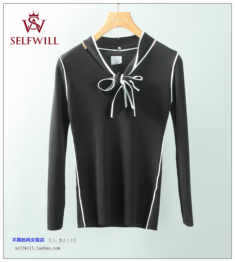 送优惠券！SELFWILL 15年秋冬可拆卸系带蝴蝶结镶边淑女V领针织衫
