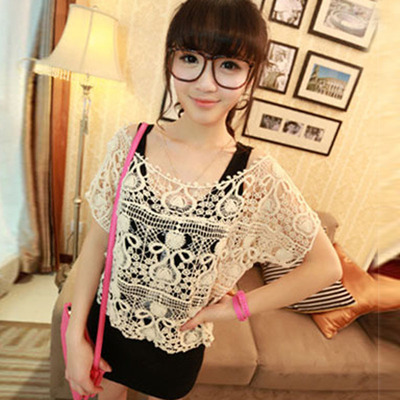 夏季小坎肩宽松甜美短袖镂空钩花罩衫蕾丝衫圆领短款女士上衣外搭