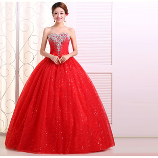 韩式抹胸钻石镶钻大红色新娘，蓬蓬裙婚纱声乐独唱舞台演出服