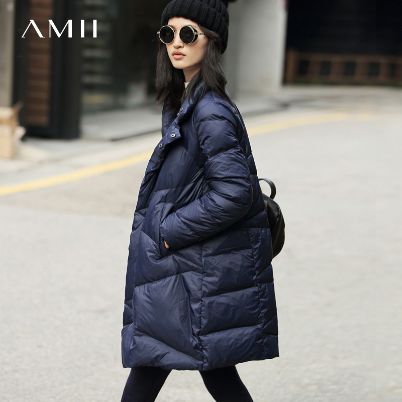 Amii[极简主义]2016冬立领宽松90绒加厚中长款羽绒服女装11641890