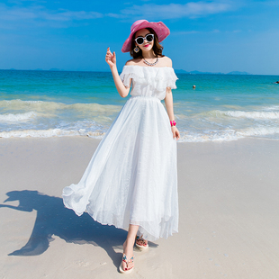 夏女海边度假裙沙滩裙抹胸，雪纺晚会礼服连衣裙，一字领露肩白色长裙
