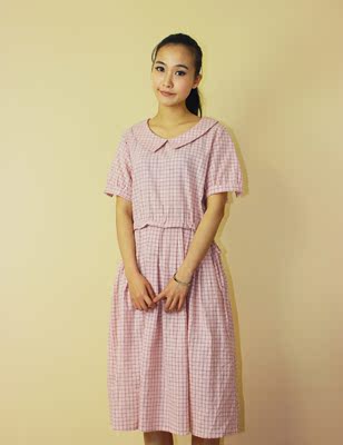 标题优化:2015夏装新款女装韩版修身娃娃领格子收腰抽绳粉色格子短袖连衣裙