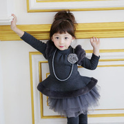 韩国童装女童冬装2015 泡泡袖项链裙边下摆儿童加绒T恤裙