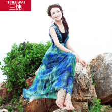 真丝连衣裙三纬2018新款高品质波西米亚蕾丝拼接领口桑蚕丝长裙图片