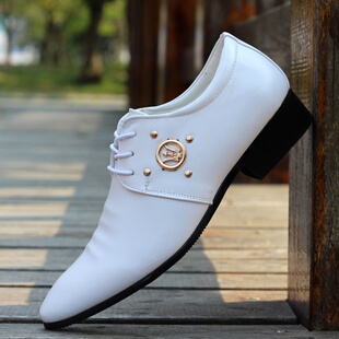 时尚尖头男鞋子韩版英伦商务正装皮鞋镂空透气休闲鞋白色新郎婚鞋