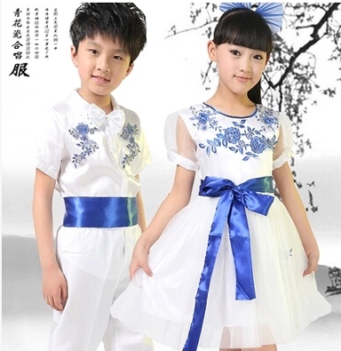 标题优化:新款六一儿童演出服中小学生合唱服短袖青花瓷诗歌朗诵服装包邮