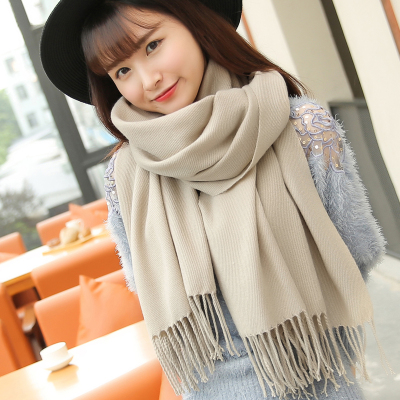 韩版针织毛线围巾女秋冬季长款纯色披肩围巾两