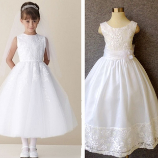 欧美 中大女童 花童 摄影 镂空 刺绣 花朵 白色 礼服 连衣裙子