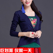 秋冬中国风复古女装上衣，民族风长袖，t恤女绣花刺绣大码打底衫