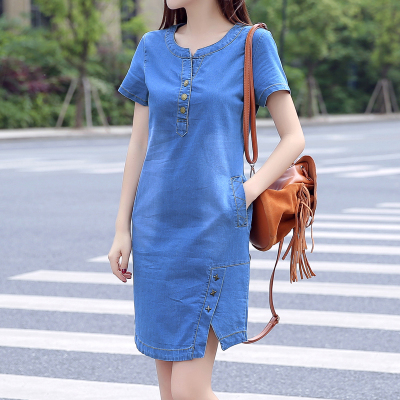 2019夏装新款宽松薄款气质牛仔裙子韩版中长款休闲女装短袖连衣裙