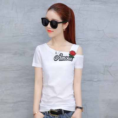 夏装玫瑰刺绣t恤女短袖2018新款韩版显瘦露肩学生体恤打底衫上衣
