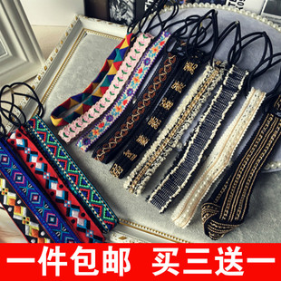 韩国复古进口头饰图腾刺绣，民族风发箍铆钉链条，欧美弹力细发带发绳