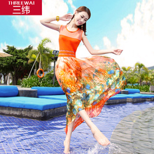 三纬2019夏季新款波西米亚度假真丝连衣裙女印花气质优雅长裙图片