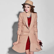 纽约故事 商场同款棕色大衣西装领荷叶边设计长款外套大衣淑女风