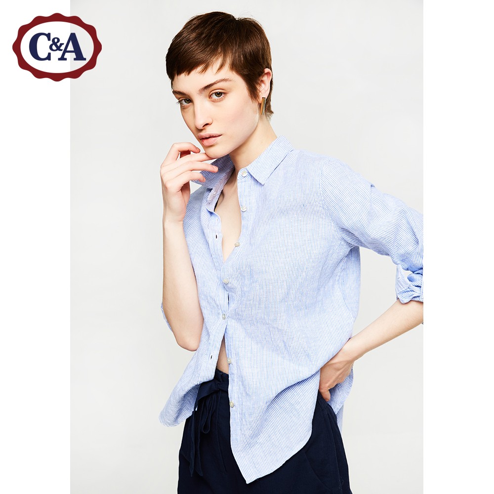 C＆A女式条纹亚麻衬衫 2017春夏新款前短后长挽袖衬衣CA200191558
