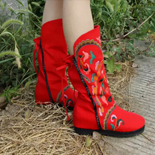 春秋冬靴布靴老北京单靴子绣花布鞋民族风内增高中筒女靴棉靴