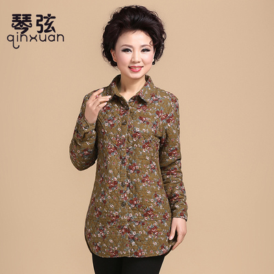 中老年春秋女装夹棉衬衫碎花中年长袖上衣40