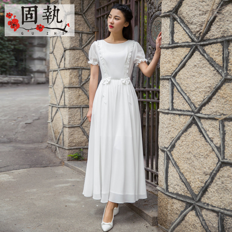 固执 子不语 2015夏季新款清新仙女木耳边蝴蝶结雪纺连衣裙长裙女