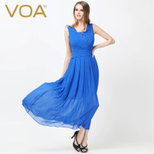 VOA 钻石蓝真丝双绉蕾丝方领无袖斜边腰封褶皱背带式名媛连衣裙图片