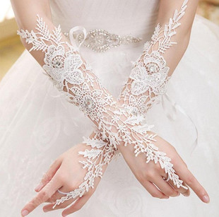 婚纱手套露指长款夏季蕾丝花边韩式白色新娘结婚手套