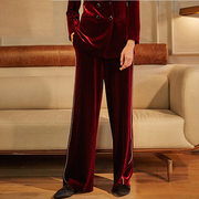西嘉拖地裤2021宽松高腰，金丝绒直筒垂感酒红丝绒，阔腿裤女