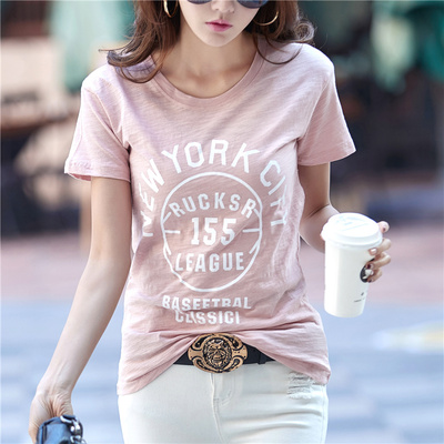 【2件49元】竹节棉字母印花短袖T恤女韩版大码宽松圆领打底体恤衫