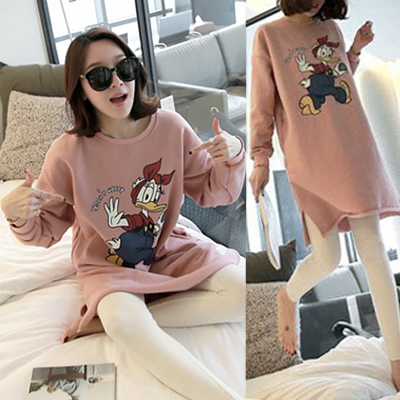 2016春装新款韩版大码女装粉红色长袖卡通套头宽松长款加绒卫衣裙