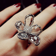 韩国仿水晶烟灰色大花朵戒指女中食指指环，夸张装饰配饰夜店道具