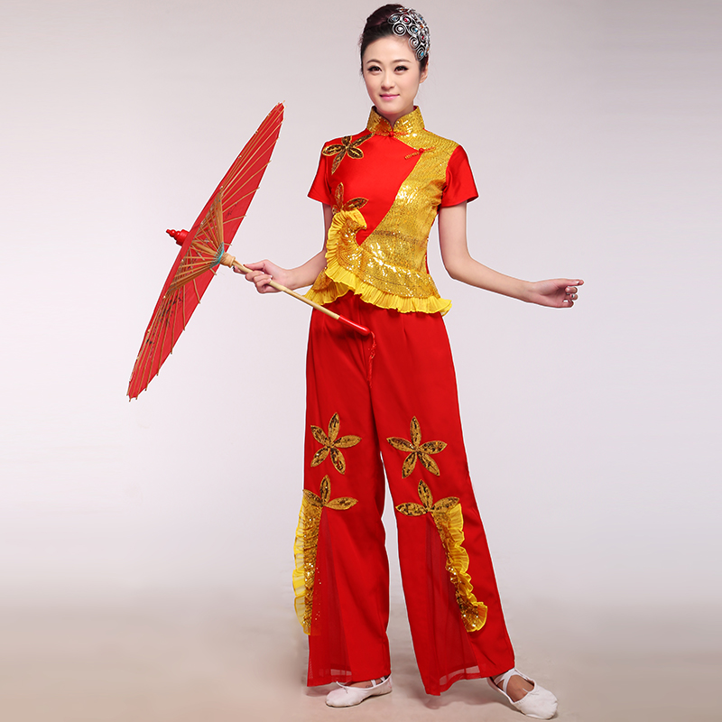 新款2015古典舞服装晚会开场舞秧歌服广场舞扇子舞映山红团队舞蹈