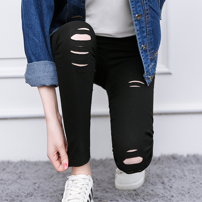 打底裤外穿女破洞小脚裤黑色薄款九分裤春秋款