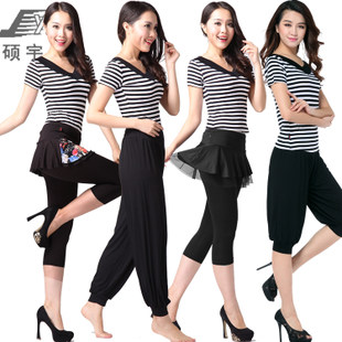 硕宇广场舞服装新款套装 舞蹈服瑜伽V领条纹短袖上衣七分裤跳舞衣|ruв категории движение/йога/фитнес/фанаты товаров, танец/аэробика/гимнастика, латинский танец, латинского танца костюм - от Buy2taobao.com для оказания профессиональной услуги покупки агента Taobao