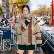AudreyWang棉衣女韩版2017冬装时尚羊卷毛撞色拼接棉袄棉服女