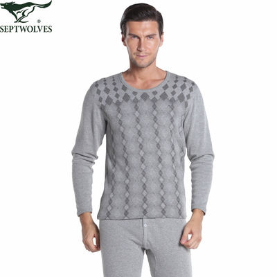 七匹狼男士保暖内衣加绒加厚双层圆领印花男不