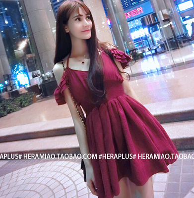 2016夏装新款韩版甜美名媛范绑带气质露肩收腰显瘦连衣裙公主裙