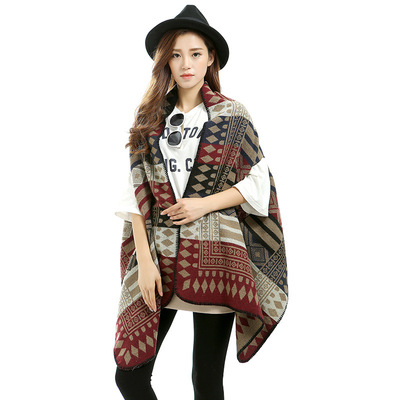 女士格子仿羊绒披肩超长带袖洞百变多用可穿可