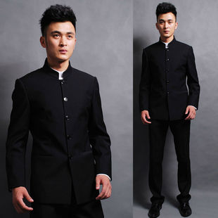 绣龙中山装男青年，韩版修身中式新郎礼服，商务中华立领西服套装加肥