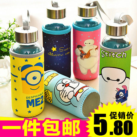 便携玻璃杯布套杯防摔水杯子卡通杯套防烫杯子带盖运动礼品茶杯