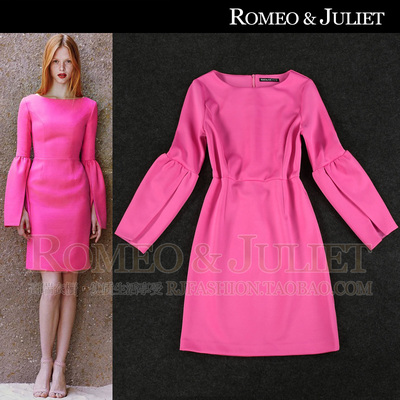 【设计师】2014秋装女装新款 复古喇叭袖修身收腰长袖粉色连衣裙
