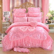 1.8m2.0高档婚庆蕾丝贡缎大红粉色六八多件套结婚加厚四件套床裙