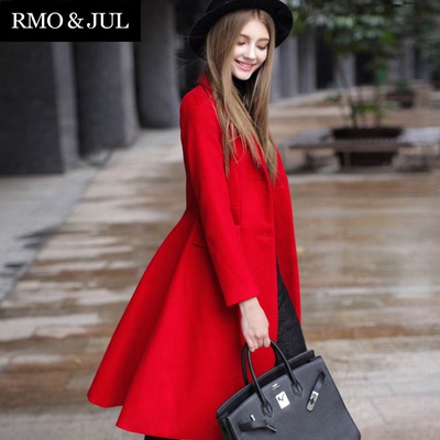 罗家精品 2014冬女装新款 气质翻领修身大摆长款红色毛呢外套大衣