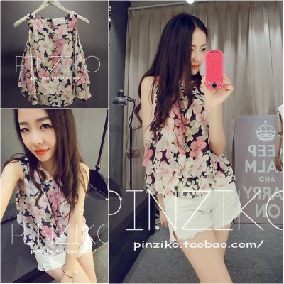 2015夏装新款韩版女装露肩吊带衫上衣无袖宽松双层背心雪纺娃娃衫