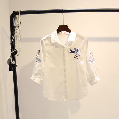 2016秋季新品韩版时尚刺绣亮片小鸟7分袖灯笼袖白衬衫女宽松衬衣